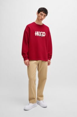 Cotton-terry sweatshirt with Happy HUGO logo, Dark Red