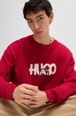 Cotton-terry sweatshirt with Happy HUGO logo, Dark Red