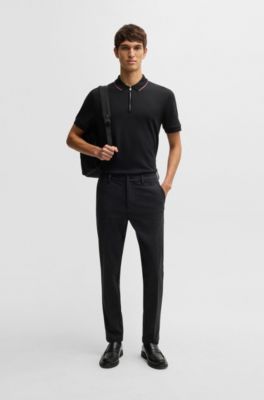 Structured-cotton polo shirt with zip placket, Black
