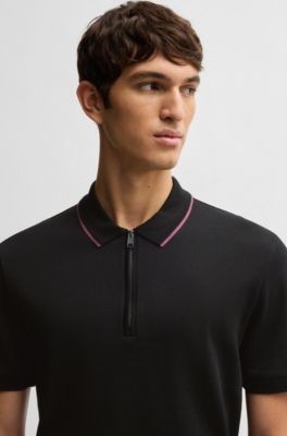 Structured-cotton polo shirt with zip placket, Black