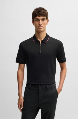 Structured-cotton polo shirt with zip placket, Black