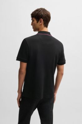 Structured-cotton polo shirt with zip placket, Black