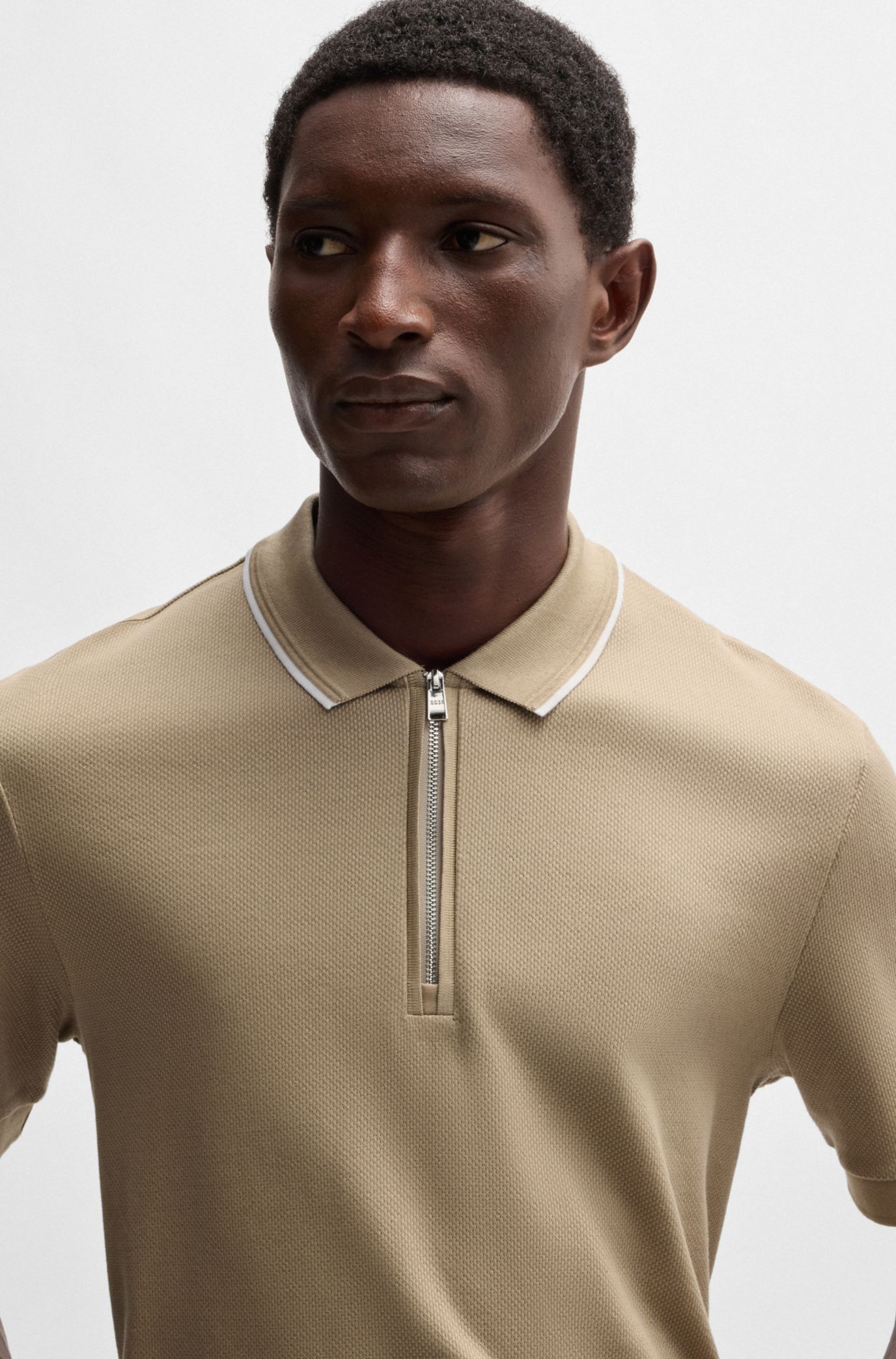 BOSS - Structured-cotton polo shirt with zip placket - Light