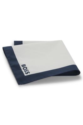 Cotton pocket square with logo and border print, Dark Blue
