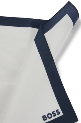 Cotton pocket square with logo and border print, Dark Blue