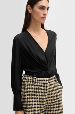 Regular-fit blouse in silk with twist front, Black