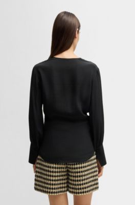 Regular-fit blouse in silk with twist front, Black
