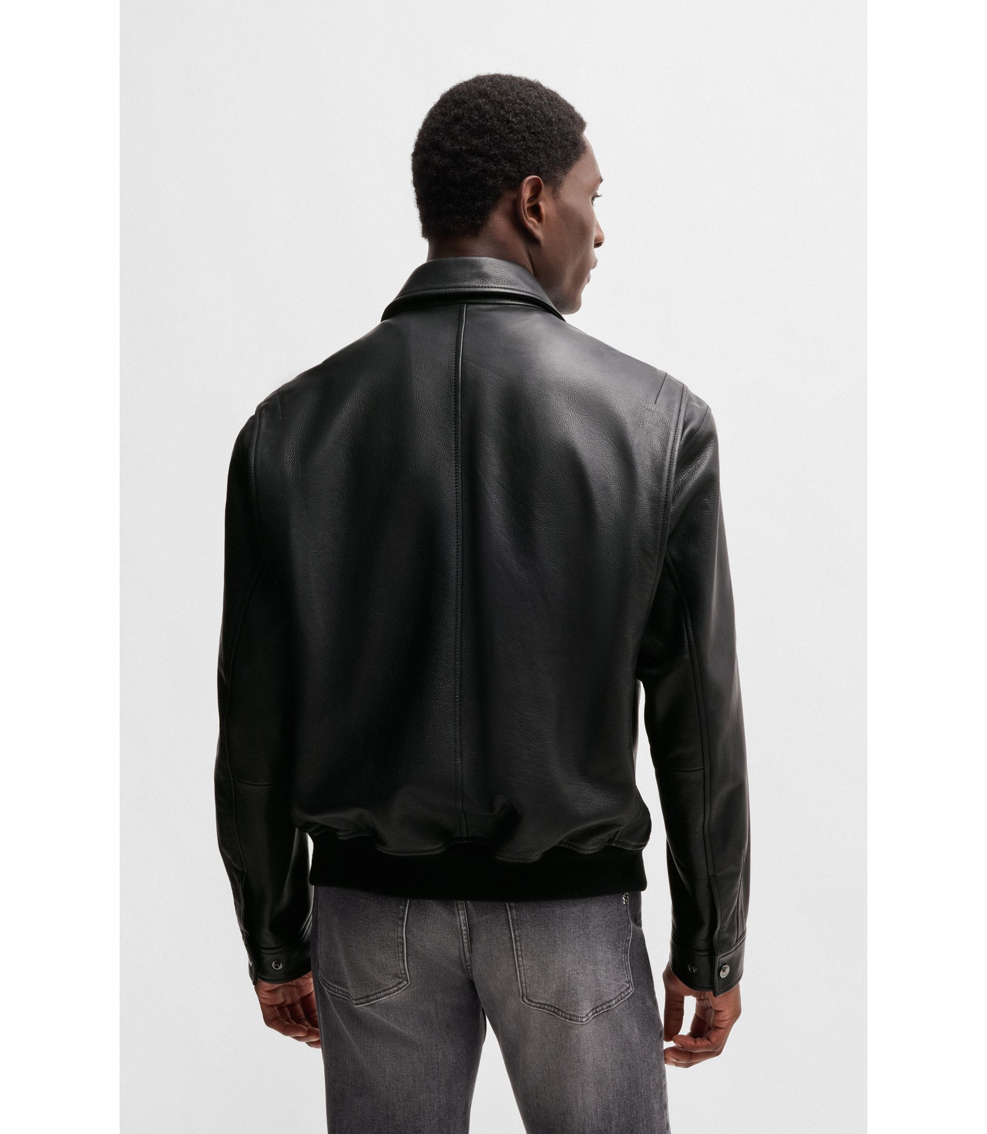BOSS - Milled-leather jacket with two-way zip - Black