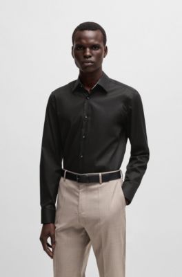 Chemise Slim en popeline de coton facile &agrave; repasser, Noir