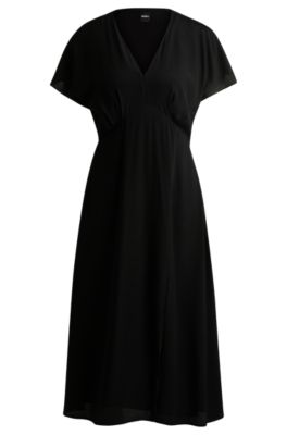 ワンピース BOSS Woman Dress Black 50518390 001 BOSS - Plissé-crepe dress with notch neckline - Black