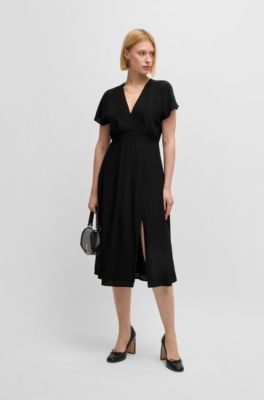 V-neck dress in dot-patterned silk, Black