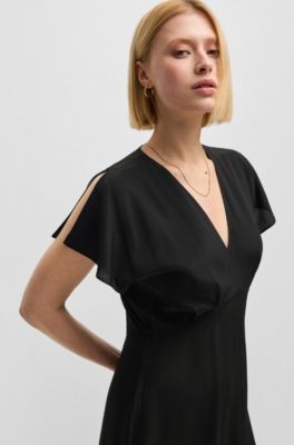 V-neck dress in dot-patterned silk, Black