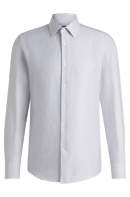 Slim-fit shirt in striped cotton twill, Grey