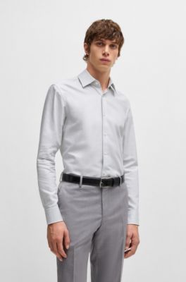 Camisa slim fit en sarga de algod&oacute;n a rayas, Gris