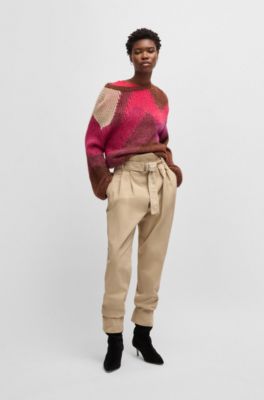 Paperbag trousers in stretch-cotton twill, Light Beige