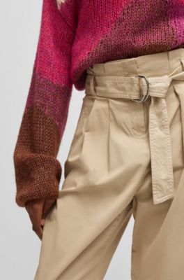 Paperbag trousers in stretch-cotton twill, Light Beige