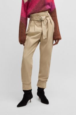 Paperbag trousers in stretch-cotton twill, Light Beige