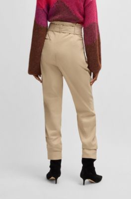 Paperbag trousers in stretch-cotton twill, Light Beige