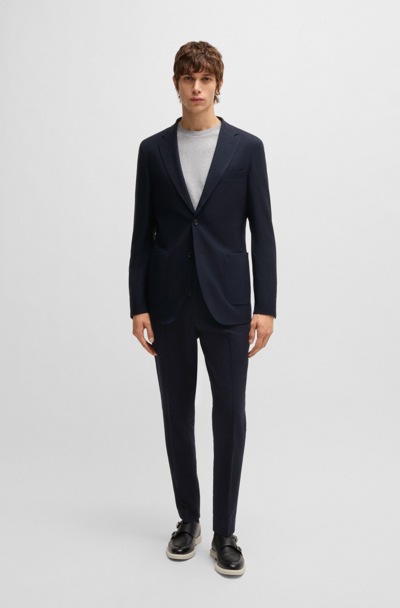HUGO BOSS ダークブルー テーラードジャケット BOSS - Slim-fit suit jacket in a structured wool blend