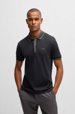 Polo de algod&oacute;n interlock con cuello a rayas, Negro
