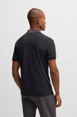 Polo de algod&oacute;n interlock con cuello a rayas, Negro