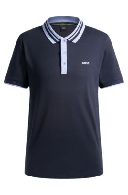Polo de algod&oacute;n interlock con cuello a rayas, Azul oscuro
