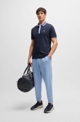 Polo de algod&oacute;n interlock con cuello a rayas, Azul oscuro