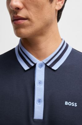 Polo de algod&oacute;n interlock con cuello a rayas, Azul oscuro