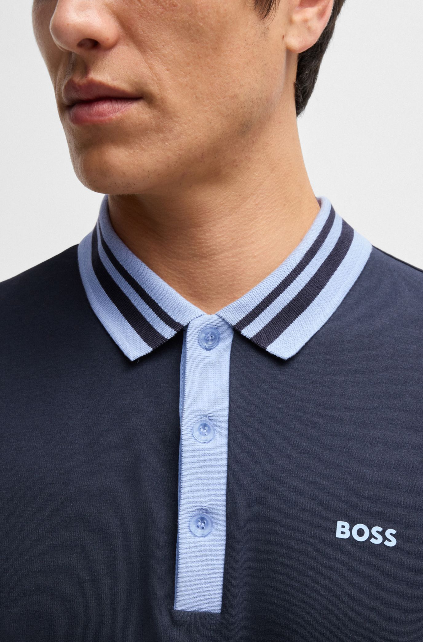 BOSS - Interlock-cotton polo shirt with striped collar