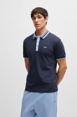 Polo de algod&oacute;n interlock con cuello a rayas, Azul oscuro