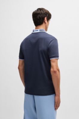Polo de algod&oacute;n interlock con cuello a rayas, Azul oscuro