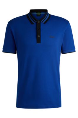 Polo de algod&oacute;n interlock con cuello a rayas, Azul