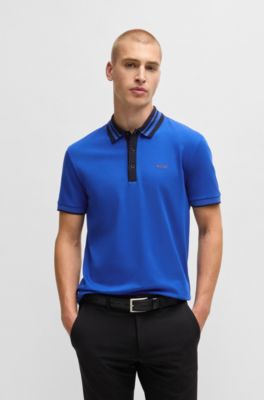 Polo de algod&oacute;n interlock con cuello a rayas, Azul