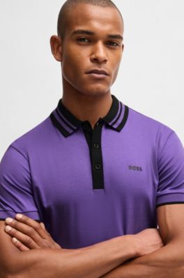 Polo de algod&oacute;n interlock con cuello a rayas, P&uacute;rpura oscuro