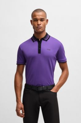 Polo de algod&oacute;n interlock con cuello a rayas, P&uacute;rpura oscuro