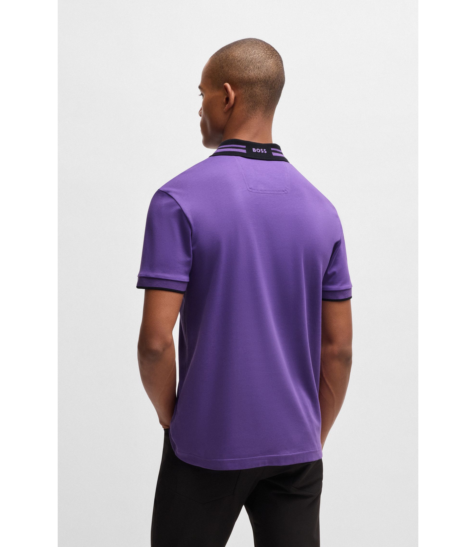 BOSS Interlock-cotton polo shirt with striped collar Dark Purple