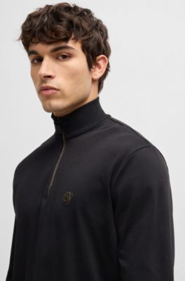 BOSS - Zip-neck polo shirt with Double B monogram - Black