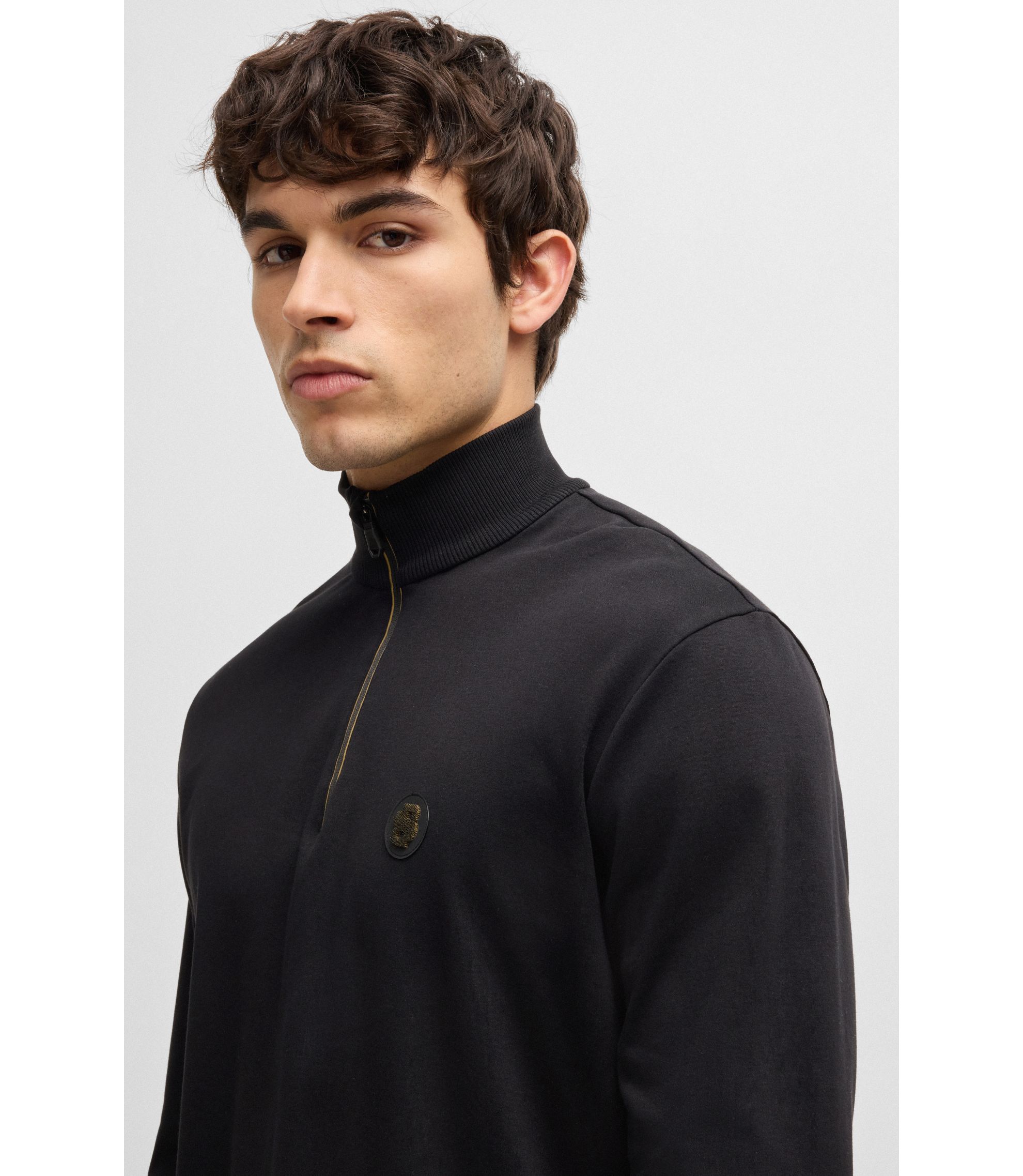 ■Hugo Boss■ B Monogram Long Sleeve Polo Shirt Regular Fit BOSS - Zip-neck polo shirt with Double B monogram - Black
