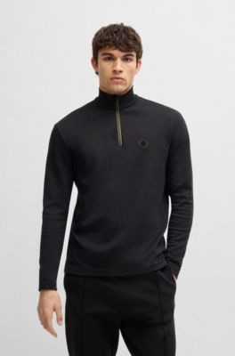 Zip-neck polo shirt with Double B monogram, Black