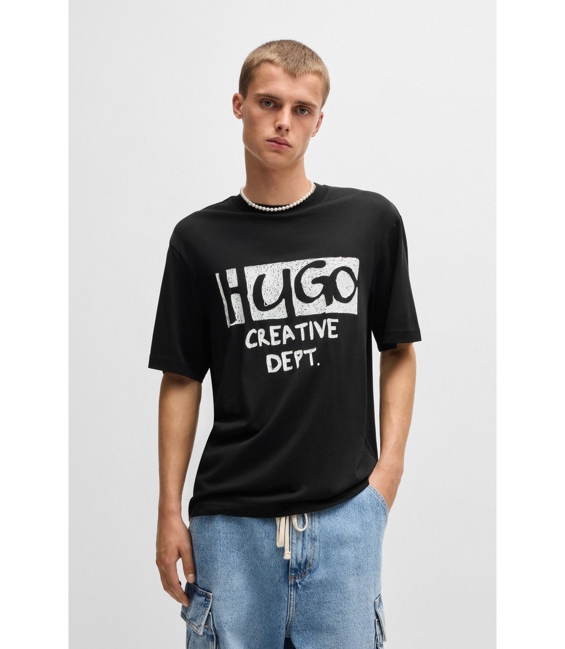 HUGO - Cotton-jersey T-shirt with logo artwork - Black
