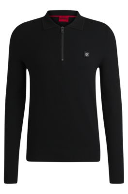 HUGO - Zip-neck polo sweater with stacked logo - Black