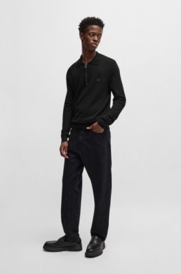 Jersey estilo polo con cremallera y logo apilado, Negro