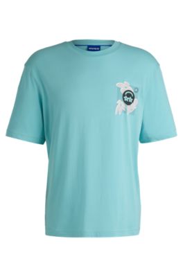 Cotton-jersey T-shirt with logo prints, Turquoise
