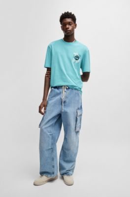 Cotton-jersey T-shirt with logo prints, Turquoise
