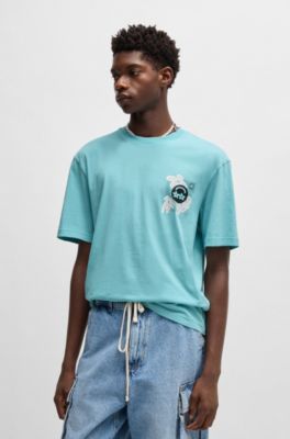 Cotton-jersey T-shirt with logo prints, Turquoise