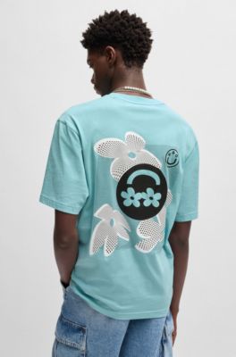 Cotton-jersey T-shirt with logo prints, Turquoise