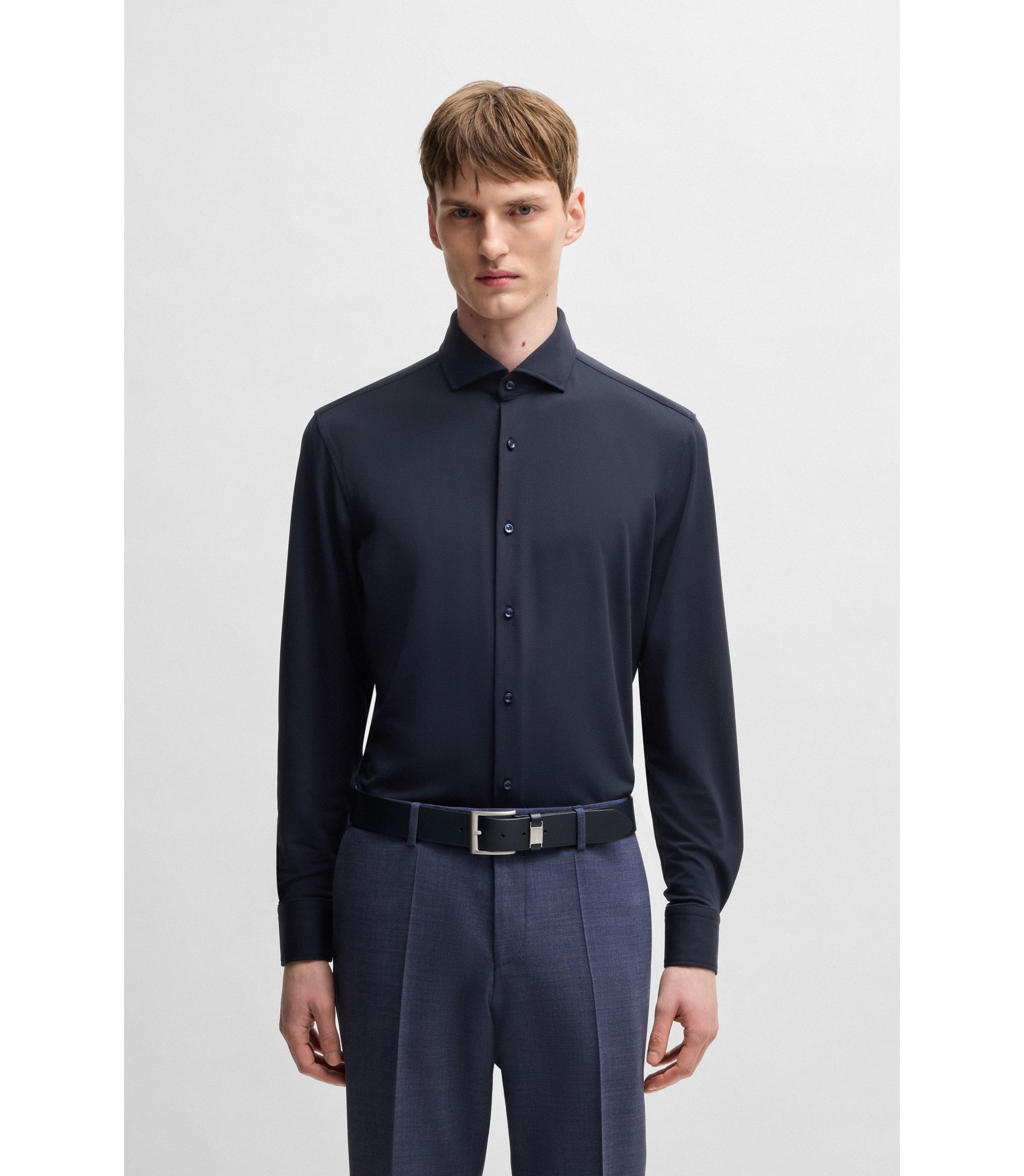 BOOSです BOSS - Slim-fit shirt in structured performance-stretch