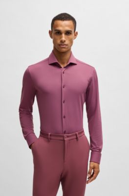 Slim-fit shirt in structured performance-stretch jersey, Dark pink