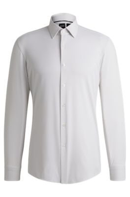 Hugo Boss Slim-fit Shirt In Micro-structured Performance-stretch Jersey In Light Beige