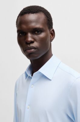 Camisa slim fit en punto t&eacute;cnico el&aacute;stico con microestructura, Celeste